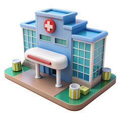 3d cartoon hospital building with medical symbol isolated on transparent background