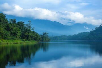 Obraz premium Serene Lake Reflections Surrounded by Lush Green Mountains and Sky