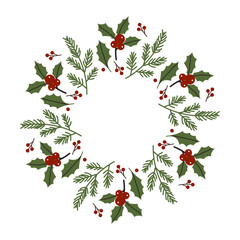 Winter wreath design featuring holly and evergreen branches for festive decoration