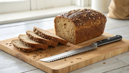 Freshly baked whole grain bread sliced on a wooden cutting board