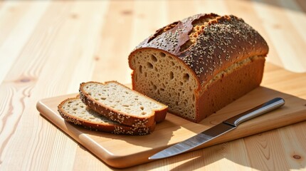 Freshly baked whole grain bread sliced on a wooden cutting board