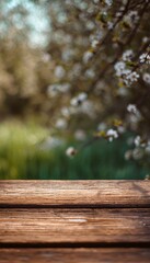 Close up of natural wooden planks with blurred spring greenery and blossoms in soft morning light