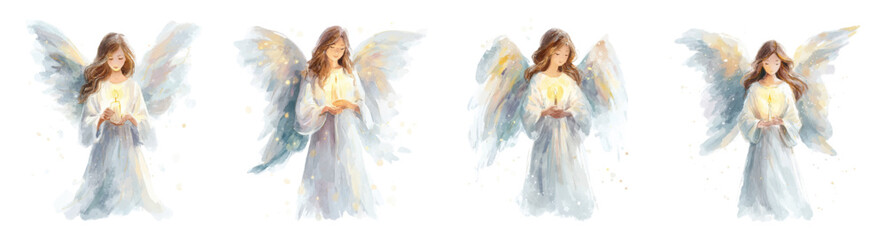 Watercolor set of heavenly angels. Christian and Catholic angel in white robe with white wings holding a candle. Angel woman praying with a candle. Symbol of religious heavenly deities.