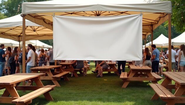 Outdoor event with white banner hanging on tent. People gather in green space with picnic tables under canopies. Casual crowd in summer clothes. Blank fabric display for branding advertisement.