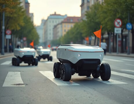 Autonomous delivery robots move across pedestrian crossing on city street. Automated transport vehicles with orange flags demonstrate modern urban logistics solutions. AI tech delivers packages.