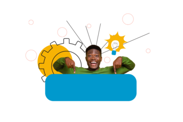 Composite photo collage of excited happy american man point light bulb idea plan gearwheel progress isolated on painted background