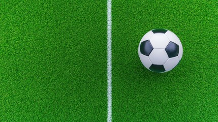 Top-down view of a vibrant green football field featuring a classic black and white soccer ball in a lively sports setting