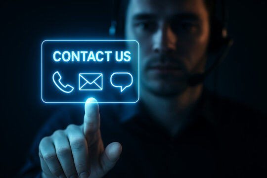 Businessman in a headset pointing at a glowing 'Contact Us' digital interface.