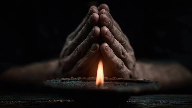 Praying Hands with Diya Candle in Dark Setting for Ananta Chaturdashi