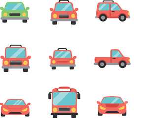 Naklejka premium Front View Simple Car and Vehicle Flat Icon Vector Set
