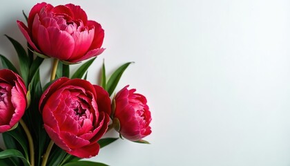 Photo displays vibrant red peony flowers. Fresh blooms arranged on white backdrop. Floral art with green leaves. Elegant design for various creative projects. Copy space for text. Top view of
