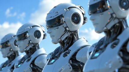 Fototapeta premium Futuristic Robots in a Row Against a Clear Blue Sky Background