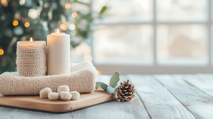 Warm and inviting atmosphere with flickering candles, soft knitted textures, rolled towels, and natural spa elements creating tranquil cozy scene indoors
