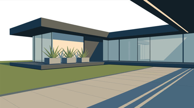 A modern house with large windows and plants in planters on a sunny day with a driveway outside it