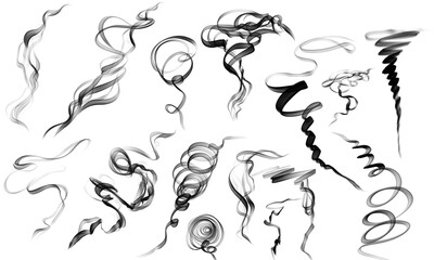Collection of black smoke swirls isolated on transparent background for design