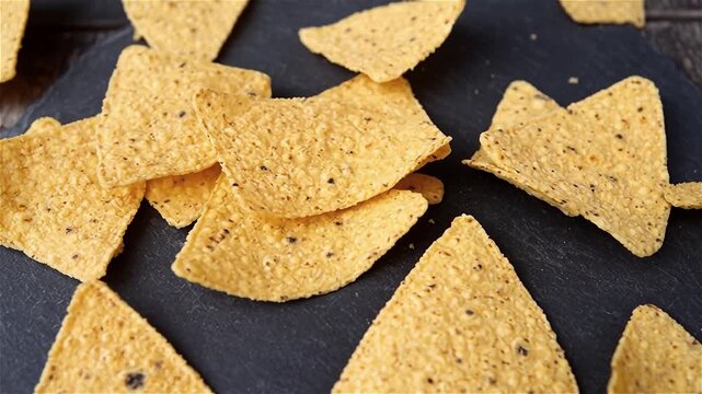 Overhead view of artisan blue corn tortilla chips falling onto a dark slate surface, capturing their crisp texture, handmade quality, and slow crunchy motion in cinematic snack photography.