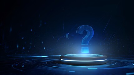 Futuristic 3d blue question mark on podium in high tech environment with holographic data effects