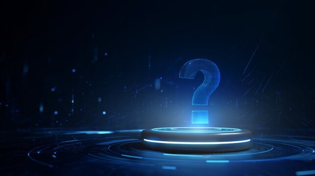 Futuristic 3d blue question mark on podium in high tech environment with holographic data effects