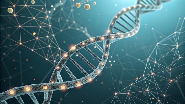 A mesmerizing 3d rendering showcases a dna molecule intertwined with a network of interconnected nodes, symbolizing the intricate complexity of genetic information