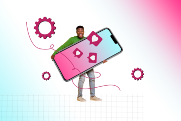 Composite photo collage of happy american man hold phone heart notification bubble gearwheel popular blogger isolated on painted background