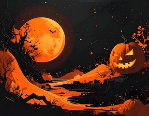 Halloween illustration with an orange moon and carved pumpkin