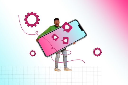 Composite photo collage of happy american man hold phone heart notification bubble gearwheel popular blogger isolated on painted background