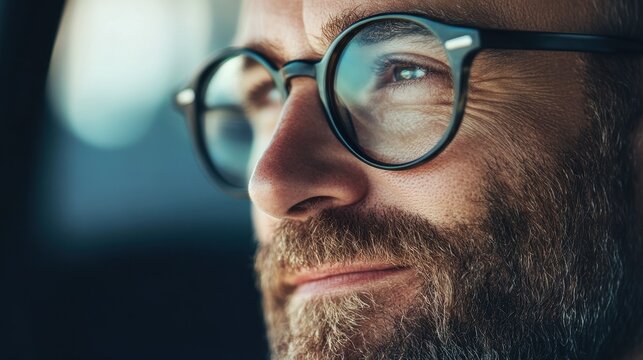 Close-Up Portrait of Thoughtful Man with Glasses and Beard