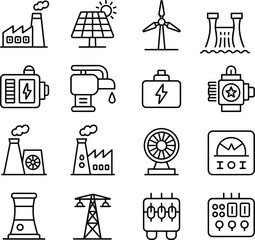 Energy icons set, electricity symbols, power generation elements, solar panel icon, wind turbine graphic, battery symbol, factory silhouette, hydroelectric dam, transmission tower, control panel