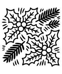 Christmas plant leaf, flower set. Hand drawn doodle sketch holly floral, christmas tree leaves, winter branch elements. Holiday decoration, rustic wreath sketch doodle. Vector illustration.
