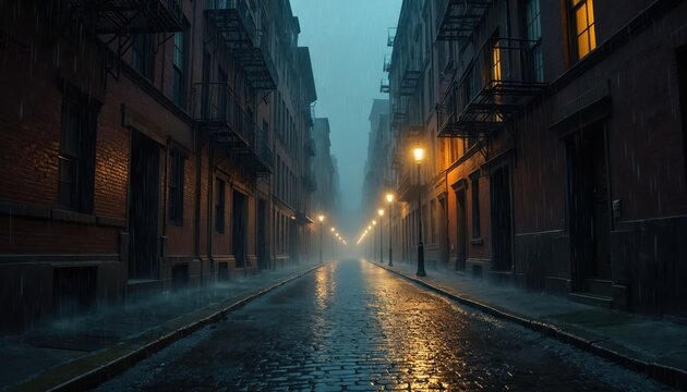 Rainy cityscape features wet streets buildings. Dark wet alley on night. Cinematic blue tone urban exploration. Moody scenic town view. Streets, buildings reflect light. Perfect for suspense mystery