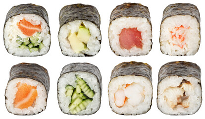 Set of classic sushi rolls. Maki type sushi rolls (nori, cucumber, avocado, tuna, salmon, shrimp, crab, eel fish) isolated on white background