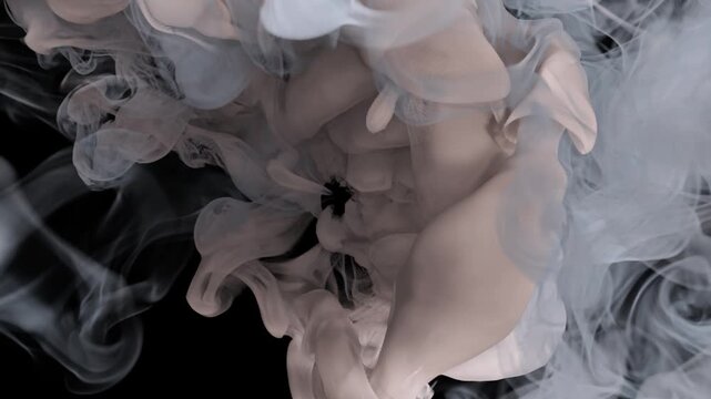 Realistic smoke on black. The smoke cloud is in motion. Dense smoke with swirls. A foggy cloud. Smoke is like liquid.