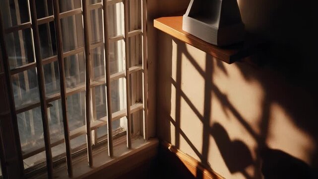 Sunlight streams through a barred window, casting striped shadows across the wooden floor and corner wall.