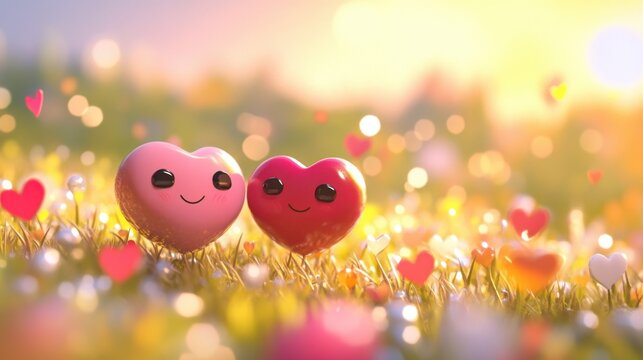 Joyful Cartoon Hearts with Smiling Faces Surrounded by Colorful Flowers