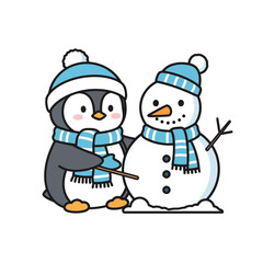 Vector Illustration of Cartoon Penguin and Snowman Friends with Matching Blue Scarves and Hats for Christmas Greeting Cards and Kids Design.