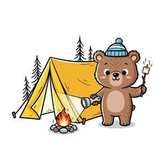 Vector Illustration of Bear Scout with Tent and Flashlight for Outdoor Adventure Design.