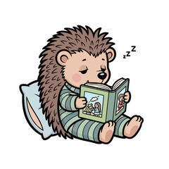 Vector Illustration of Hedgehog Reading a Book and Falling Asleep in Striped Pajamas