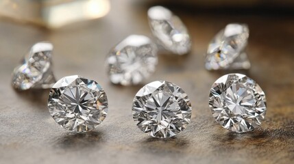 Sparkling Round Cut Diamonds on a Wooden Surface with Soft Lighting
