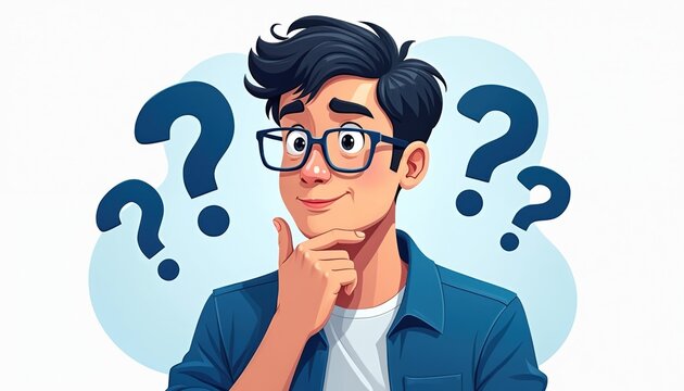 Cartoon illustration of a young man with glasses thinking surrounded by question marks. Guy ponders a solution makes a decision isolated on white background. Casual clothing person concept.