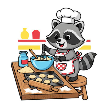 Vector Illustration of Raccoon Chef Cartoon Baking Cookies