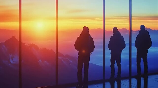 Contemplative team observes sublime vista from high-rise office during sunrise