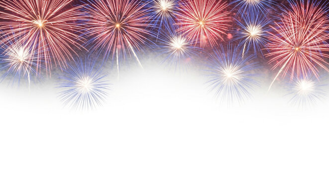 Vibrant red and blue fireworks explode across a smoky night sky creating a celebratory atmosphere perfect for holidays and events - Powered by Adobe