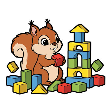 Vector Illustration of Squirrel Playing with Construction Blocks, Building a Toy Castle Tower for Kids Education and Games.