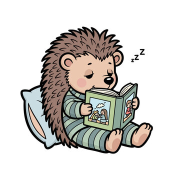 Vector Illustration of Hedgehog Reading a Book and Falling Asleep in Striped Pajamas