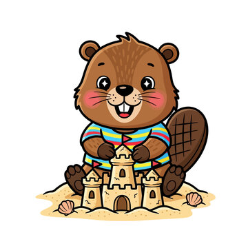 Vector Illustration of Beaver Building Majestic Sandcastle on the Beach, Summer Vacation.