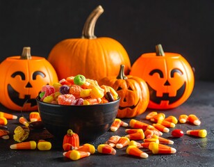 Halloween scene with orange pumpkins and bowl of sweets