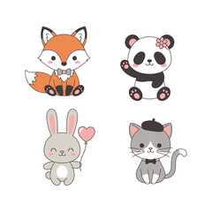 Adorable animal friends fox, panda, bunny, cat create a delightful scene for children's books or invitations, perfect for nursery decor and joyful designs