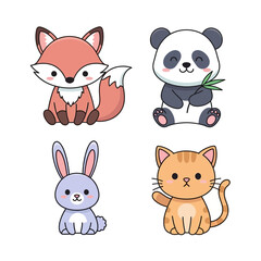 Adorable cartoon animals including a fox, panda, rabbit, and cat on a white background perfect for children's illustrations and cute designs