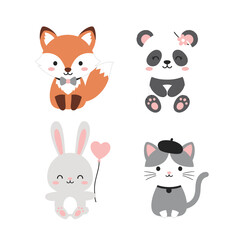 Charming cartoon animal characters perfect for kids designs, featuring a fox, panda, rabbit, and cat in a playful and endearing style