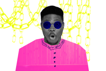 Composite trend artwork sketch image photo collage of metal chain control young guy model posing emoji face omg shock shirt paint fashion